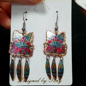 New Cat Earrings Copper Jewelry Dangle Handcrafted